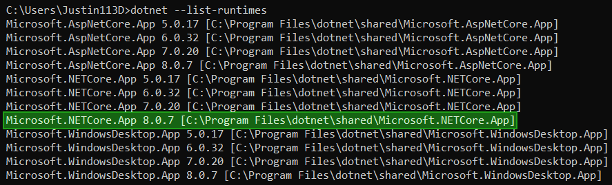 Screenshot of a windows commandline interface showing the installed dotnet runtimes.